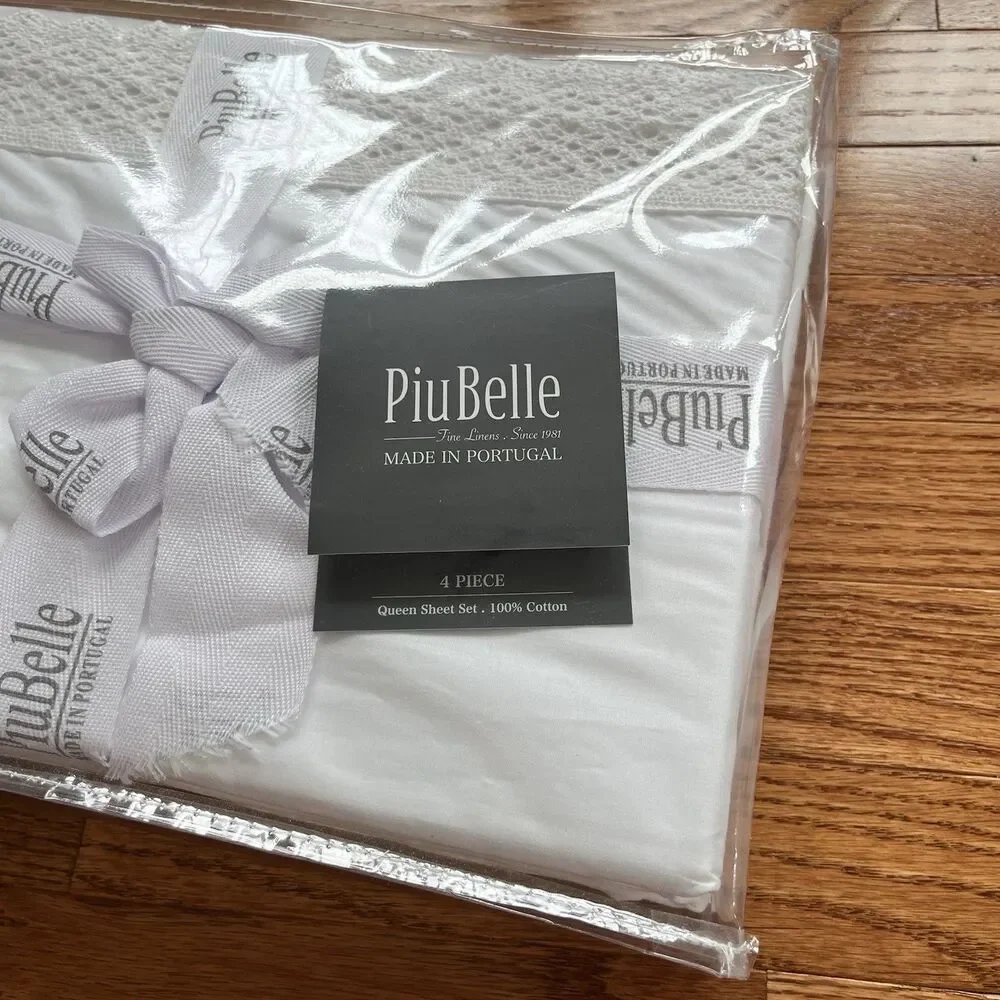 PiuBelle Portugal White Queen Sheets 4PC Cotton Percale Crochet Lace Cottage New